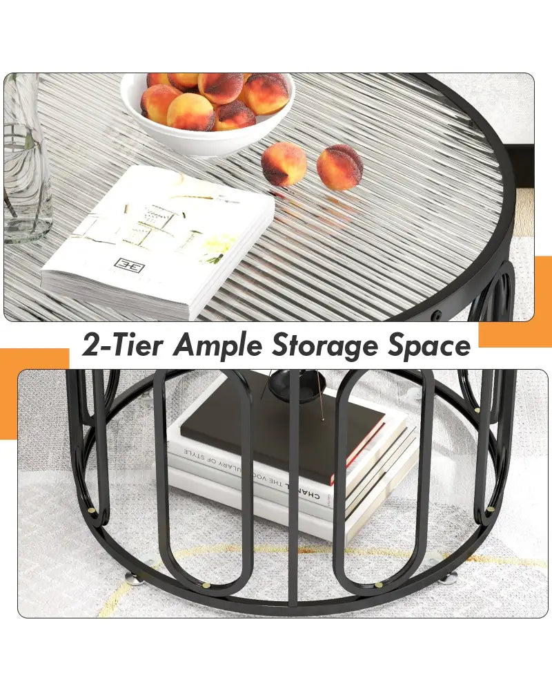 24 Inch Round Coffee Table with Reeded Tempered Glass Top and Oval Swivel Brackets-Black - Black - Coffee Tables