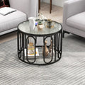 24 Inch Round Coffee Table with Reeded Tempered Glass Top and Oval Swivel Brackets-Black - Black - Coffee Tables