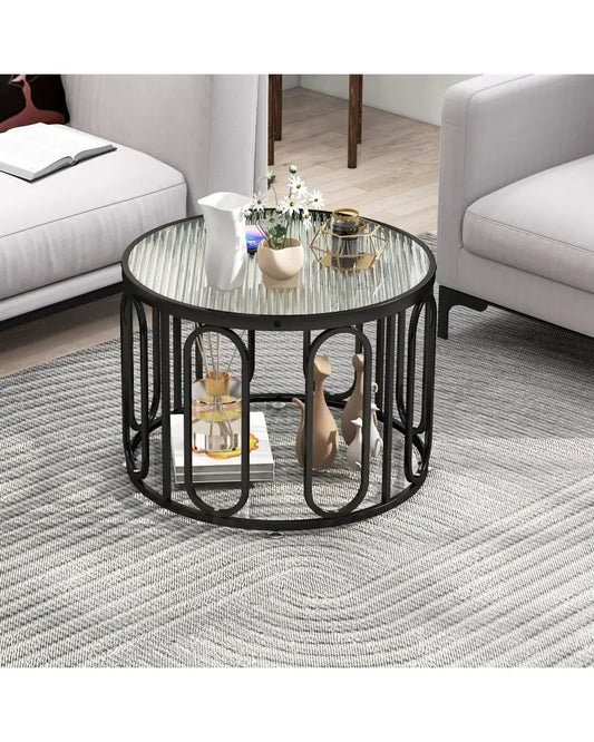 24 Inch Round Coffee Table with Reeded Tempered Glass Top and Oval Swivel Brackets-Black - Black - Coffee Tables