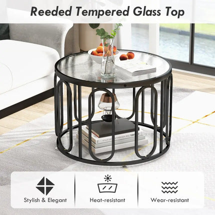 24 Inch Round Coffee Table with Reeded Tempered Glass Top and Oval Swivel Brackets-Black Costway