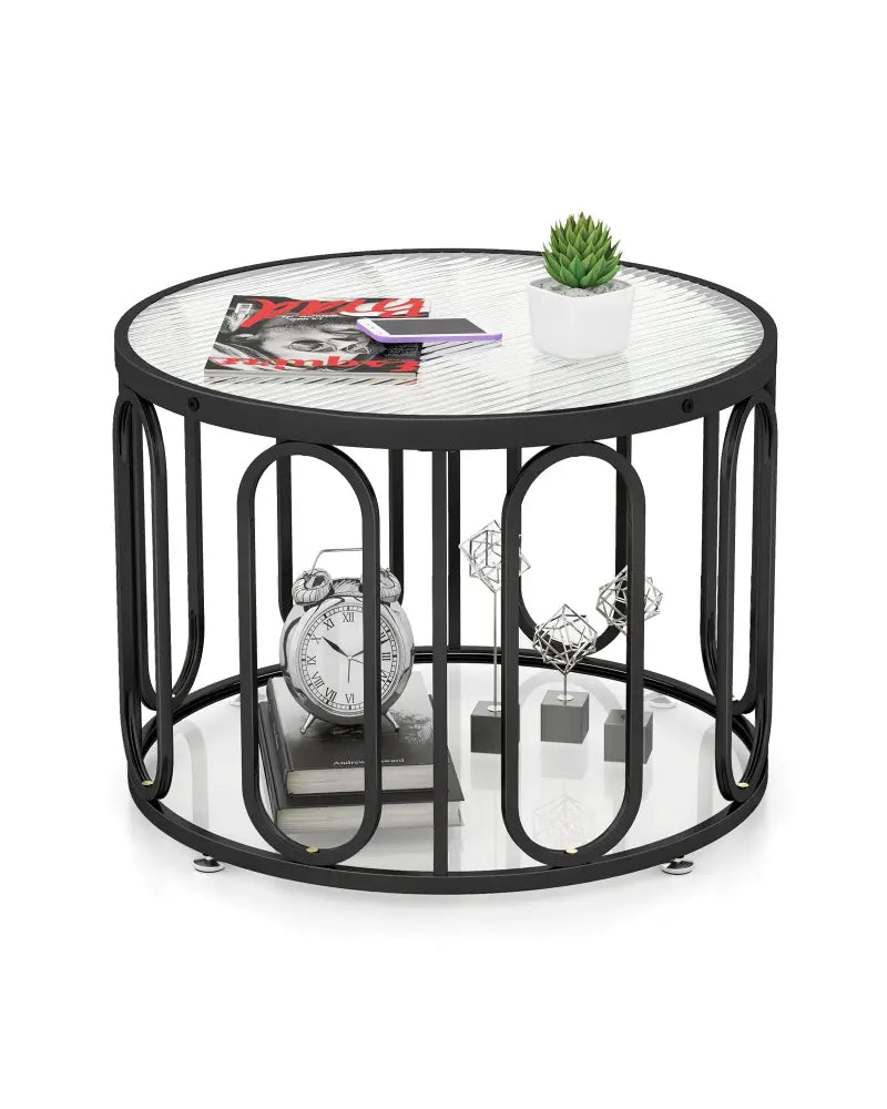 24 Inch Round Coffee Table with Reeded Tempered Glass Top and Oval Swivel Brackets-Black - Black - Coffee Tables