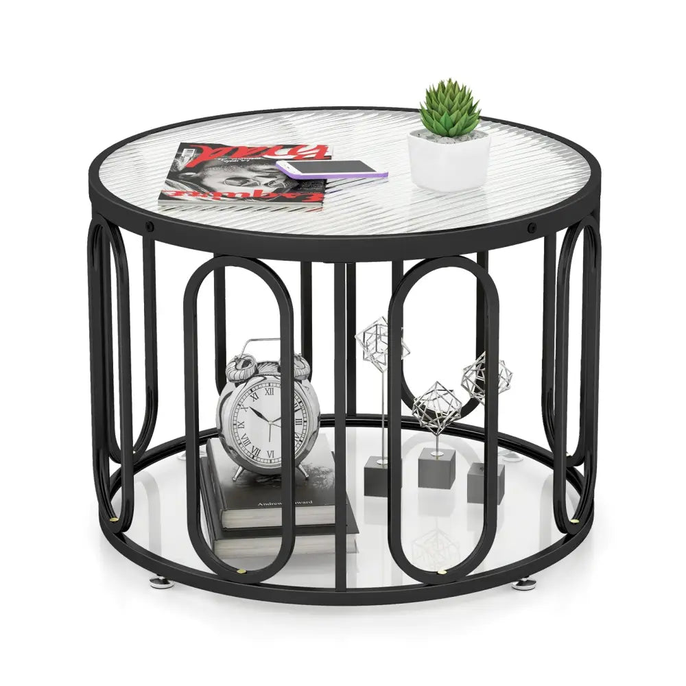24 Inch Round Coffee Table with Reeded Tempered Glass Top and Oval Swivel Brackets-Black - Black - Coffee Tables