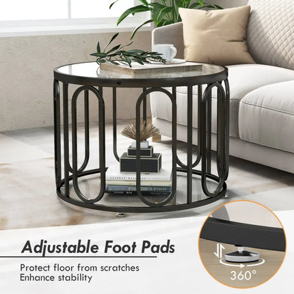 24 Inch Round Coffee Table with Reeded Tempered Glass Top and Oval Swivel Brackets-Black Costway
