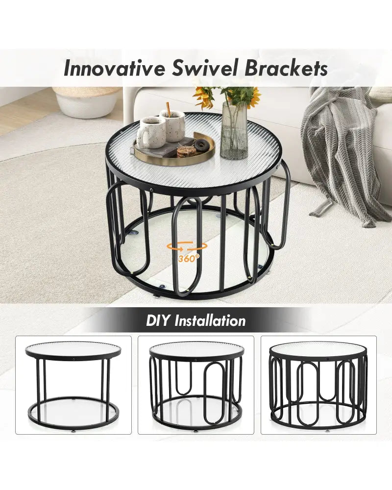 24 Inch Round Coffee Table with Reeded Tempered Glass Top and Oval Swivel Brackets-Black - Black - Coffee Tables