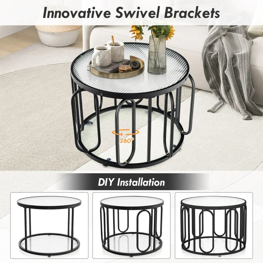 24 Inch Round Coffee Table with Reeded Tempered Glass Top and Oval Swivel Brackets-Black - Black - Coffee Tables