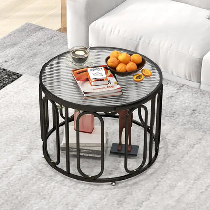 24 Inch Round Coffee Table with Reeded Tempered Glass Top and Oval Swivel Brackets-Black Costway