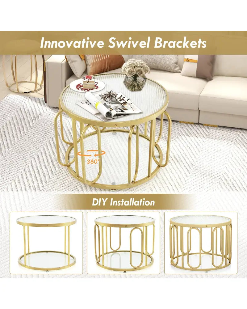 24 Inch Round Coffee Table with Reeded Tempered Glass Top and Oval Swivel Brackets-Golden - Golden - Coffee Tables