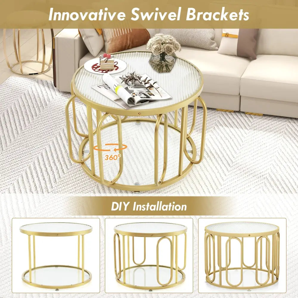 24 Inch Round Coffee Table with Reeded Tempered Glass Top and Oval Swivel Brackets-Golden - Golden - Coffee Tables