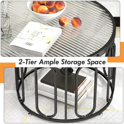 24 Inch Round Coffee Table with Reeded Tempered Glass Top and Oval Swivel Brackets-Black Costway