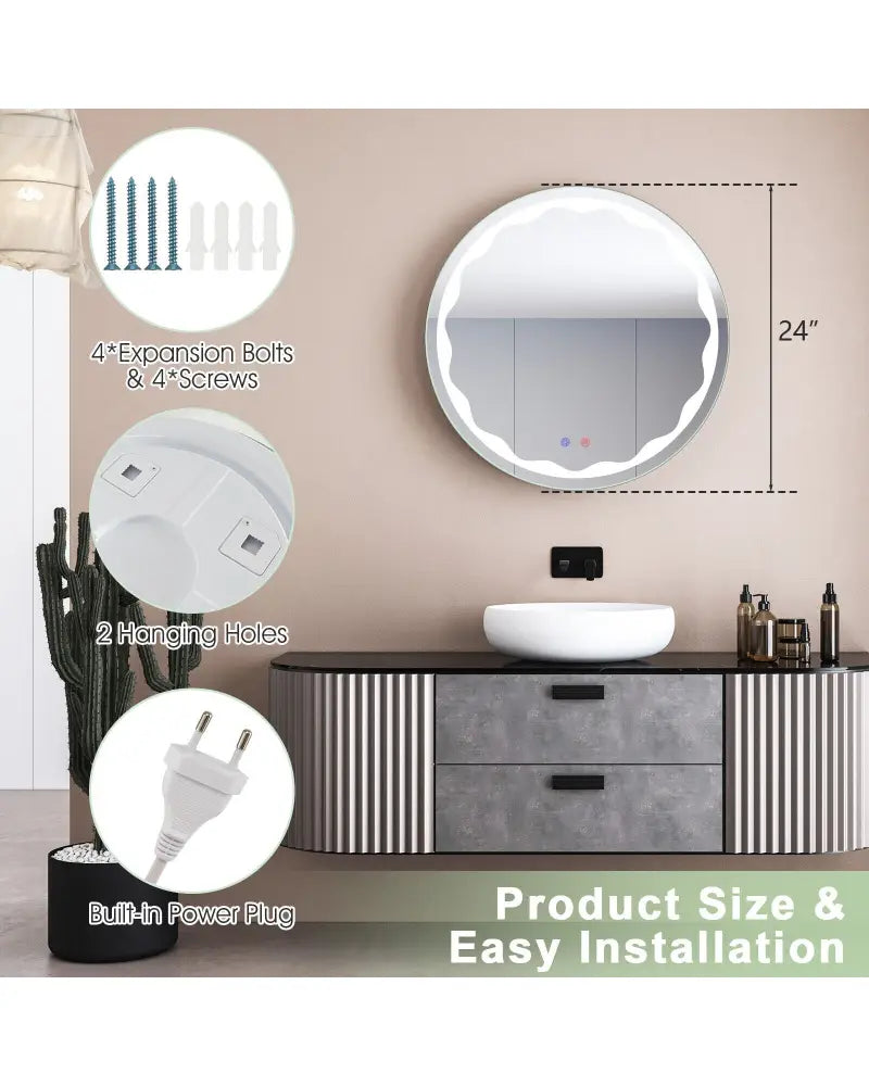 24 Inch Round Wall Mirror with 3-Color LED Lights and Smart Touch Button - Transparent - Wall Mirrors