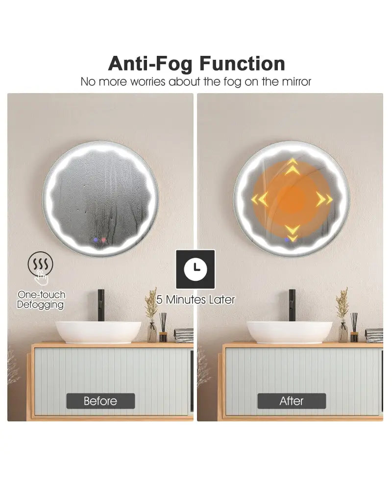 24 Inch Round Wall Mirror with 3-Color LED Lights and Smart Touch Button - Transparent - Wall Mirrors