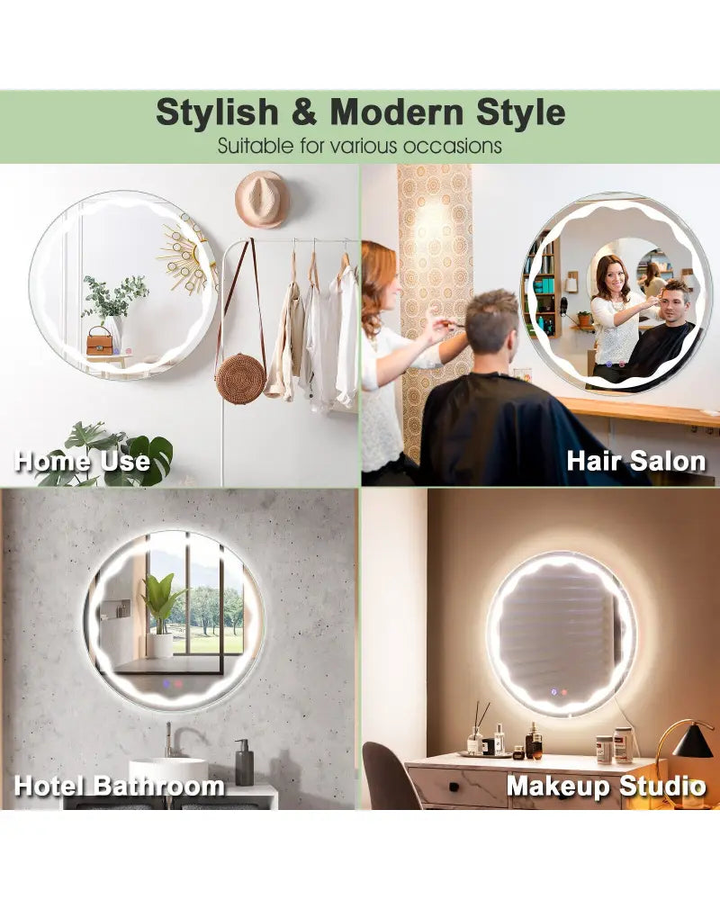 24 Inch Round Wall Mirror with 3-Color LED Lights and Smart Touch Button - Transparent - Wall Mirrors