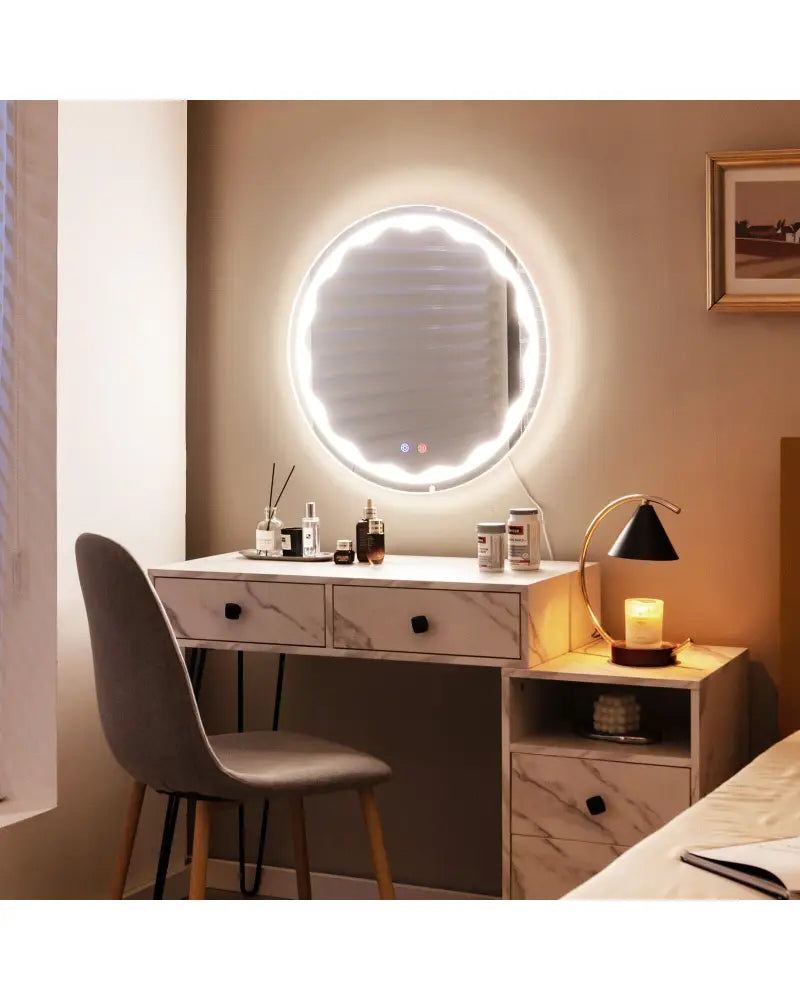 24 Inch Round Wall Mirror with 3-Color LED Lights and Smart Touch Button - Transparent - Wall Mirrors