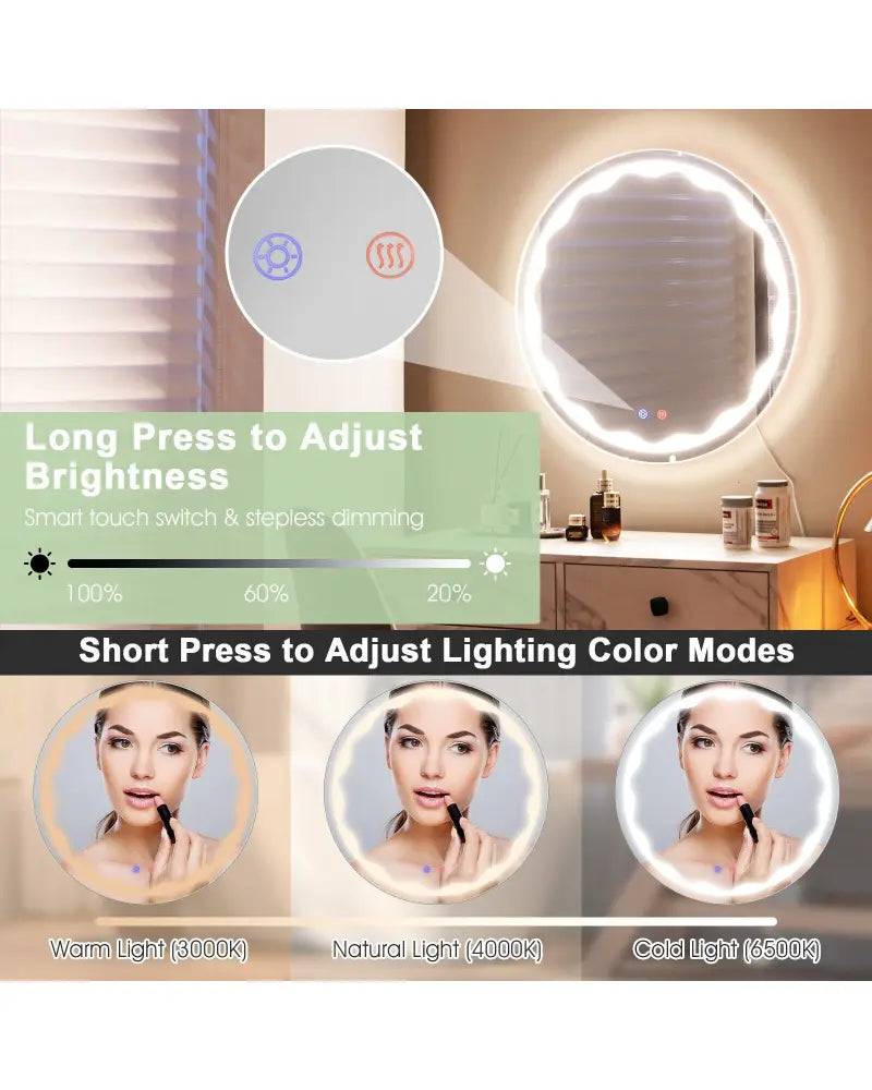24 Inch Round Wall Mirror with 3-Color LED Lights and Smart Touch Button - Transparent - Wall Mirrors