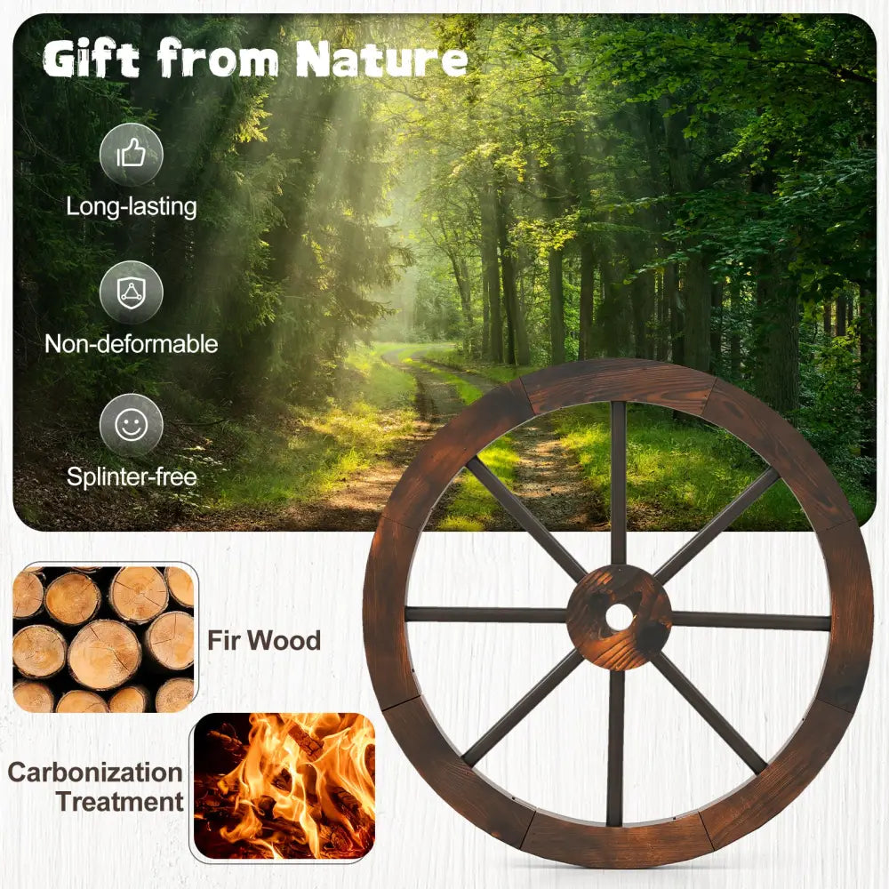 24 Inch Set of 2 Decorative Wooden Wagon Wheel Carbonized Solid Fir Wood - Rustic Brown - Outdoor Decor