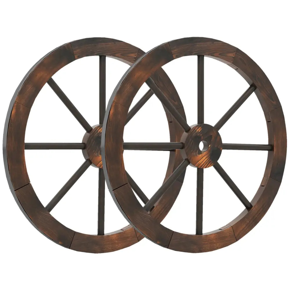 24 Inch Set of 2 Decorative Wooden Wagon Wheel Carbonized Solid Fir Wood - Rustic Brown - Outdoor Decor