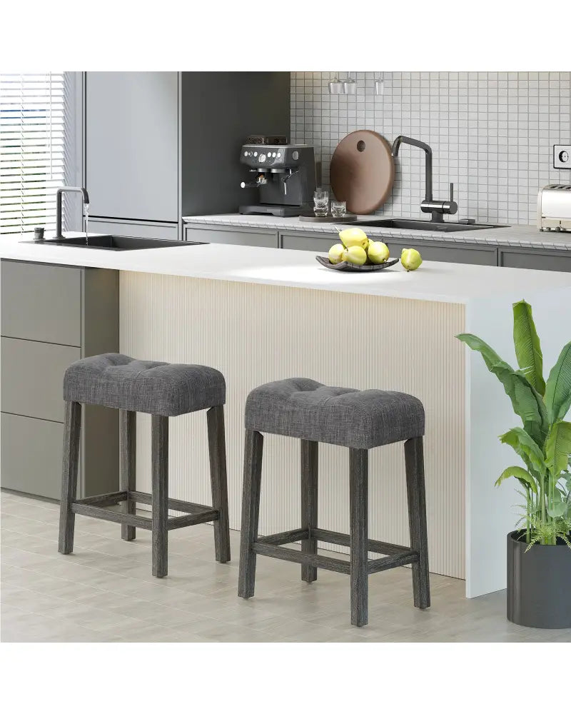 24 Inch Set of 2 Saddle Bar Stools with Padded Seat-Gray - Gray - Bar Stools