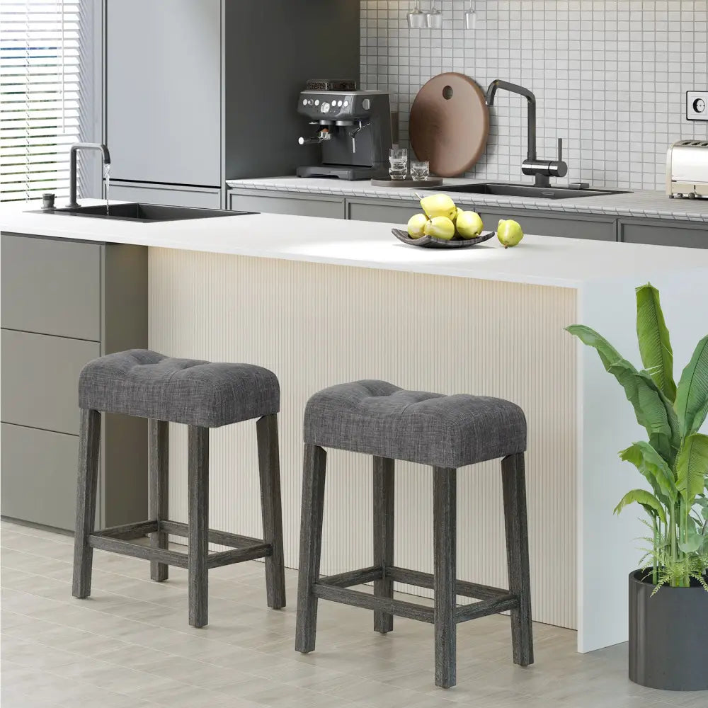 24 Inch Set of 2 Saddle Bar Stools with Padded Seat-Gray - Gray - Bar Stools