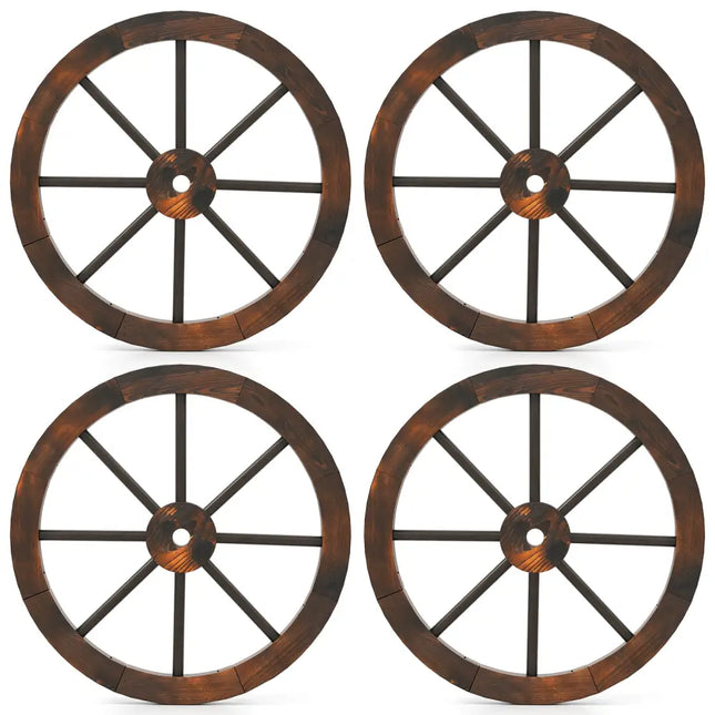 24 Inch Set of 4 Decorative Wooden Wagon Wheel Carbonized Solid Fir Wood - Rustic Brown - Outdoor Decor