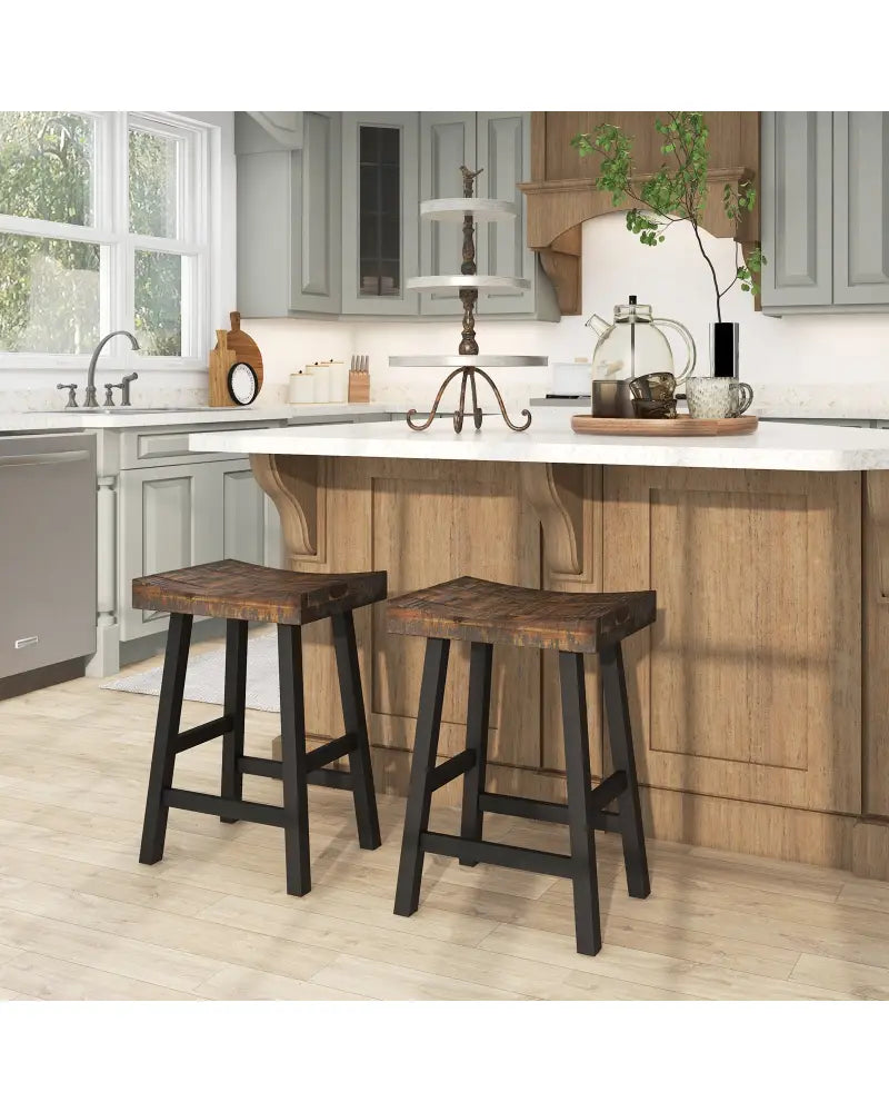 24 Inch Solid Wood Saddle-Seat with Curved Seat Surface and Comfortable Footrests-24 inches - Wood - Bar Stools