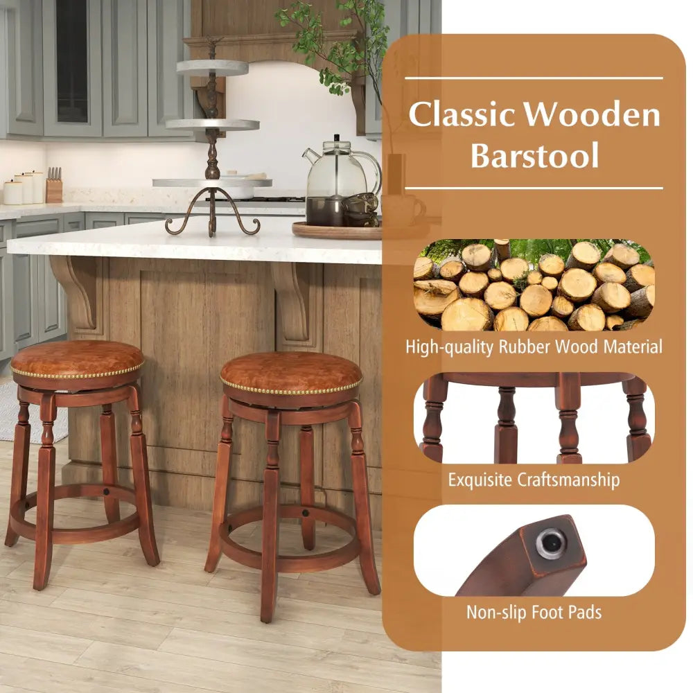 24 Inch Swivel Bar Stool Set of 2 with Upholstered Seat and Rubber Wood Frame-24 inches Costway