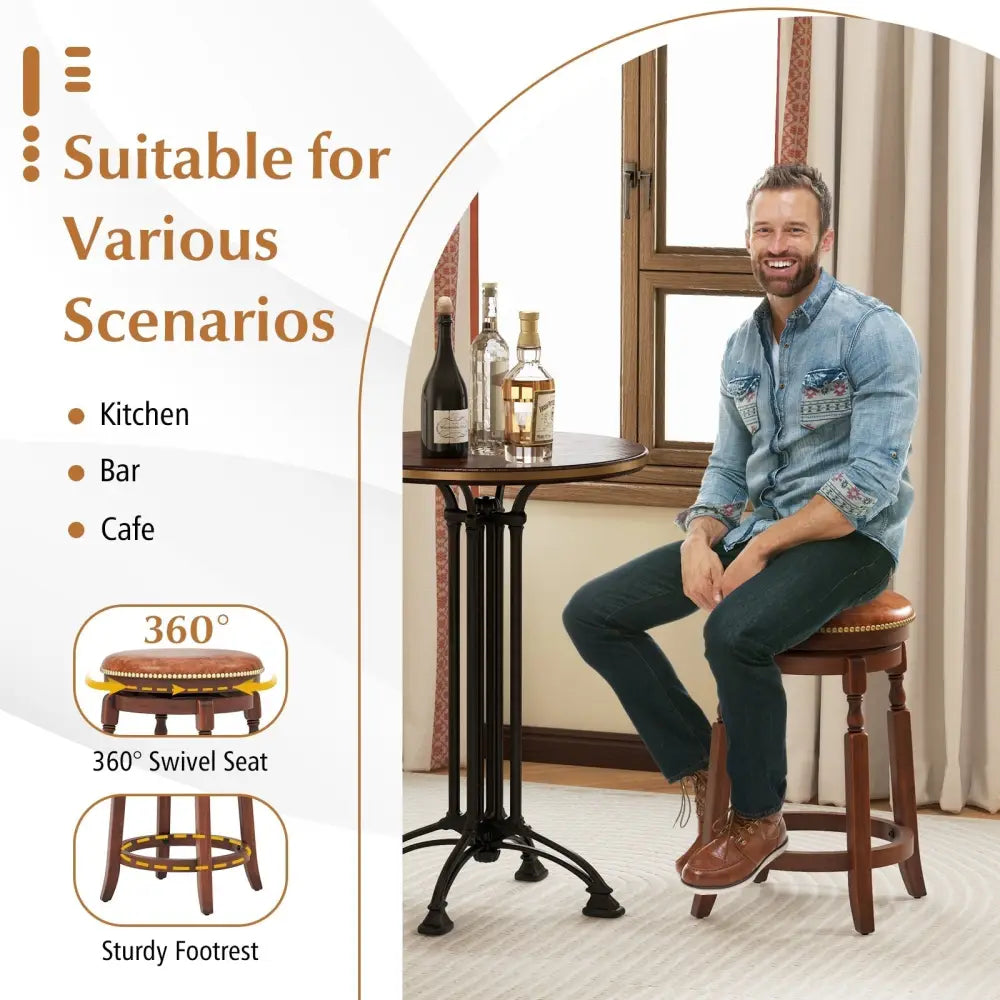 24 Inch Swivel Bar Stool Set of 2 with Upholstered Seat and Rubber Wood Frame-24 inches Costway