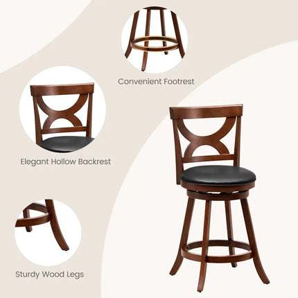 24 Inch Swivel Bar Stools Set of 2 with Soft Cushion and Elegant Hollow Backrest Costway