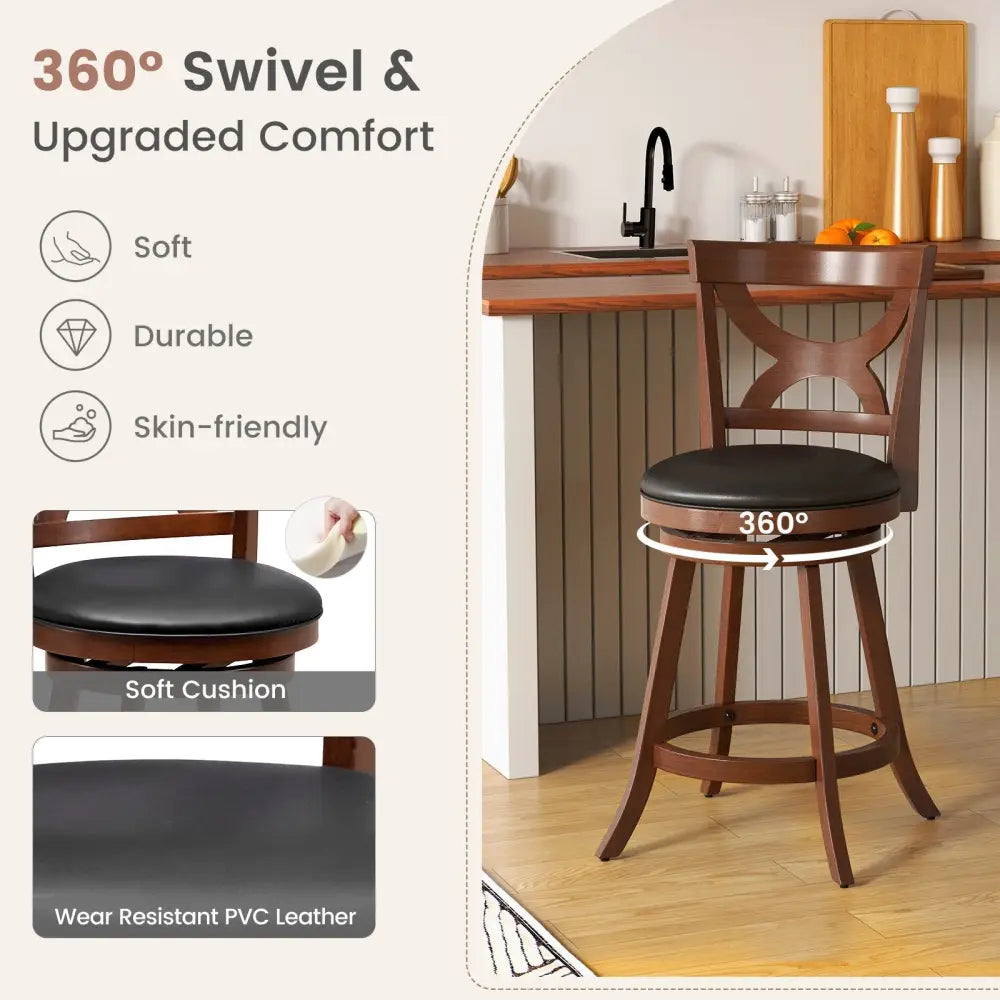 24 Inch Swivel Bar Stools Set of 2 with Soft Cushion and Elegant Hollow Backrest Costway