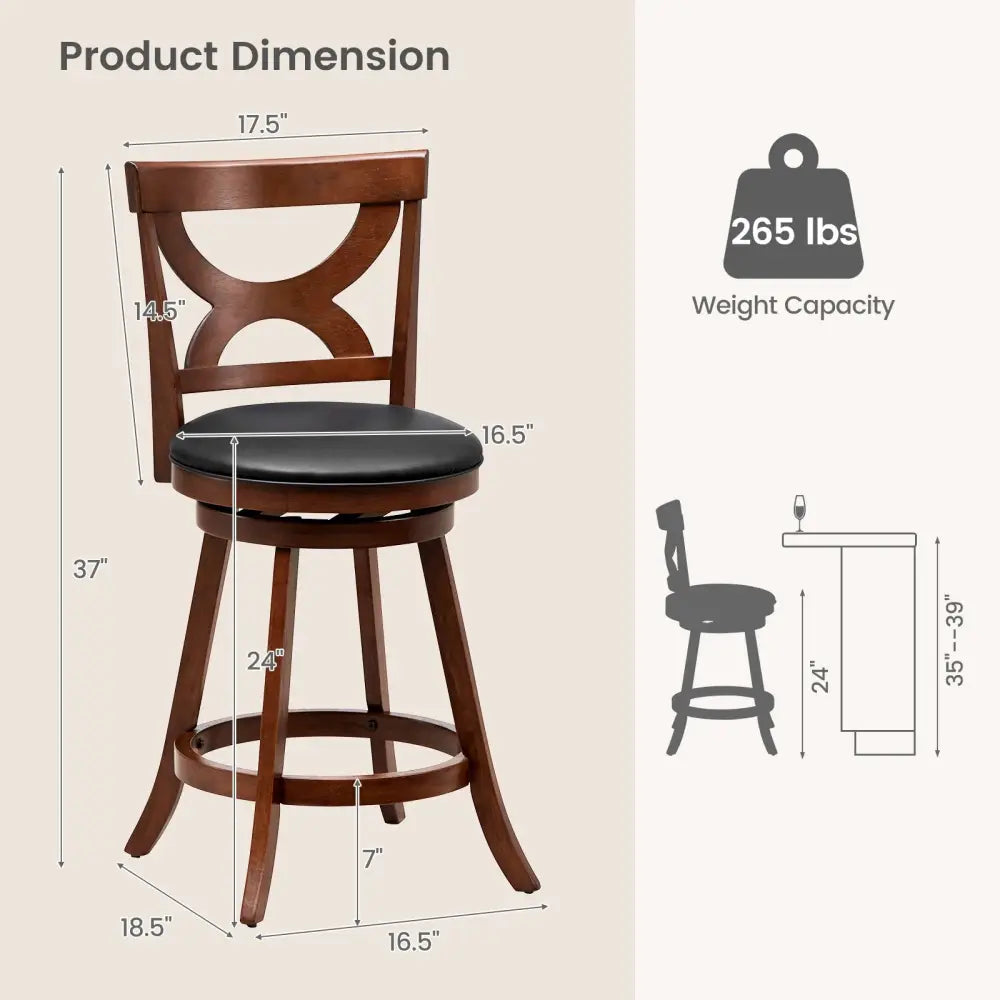 24 Inch Swivel Bar Stools Set of 2 with Soft Cushion and Elegant Hollow Backrest Costway