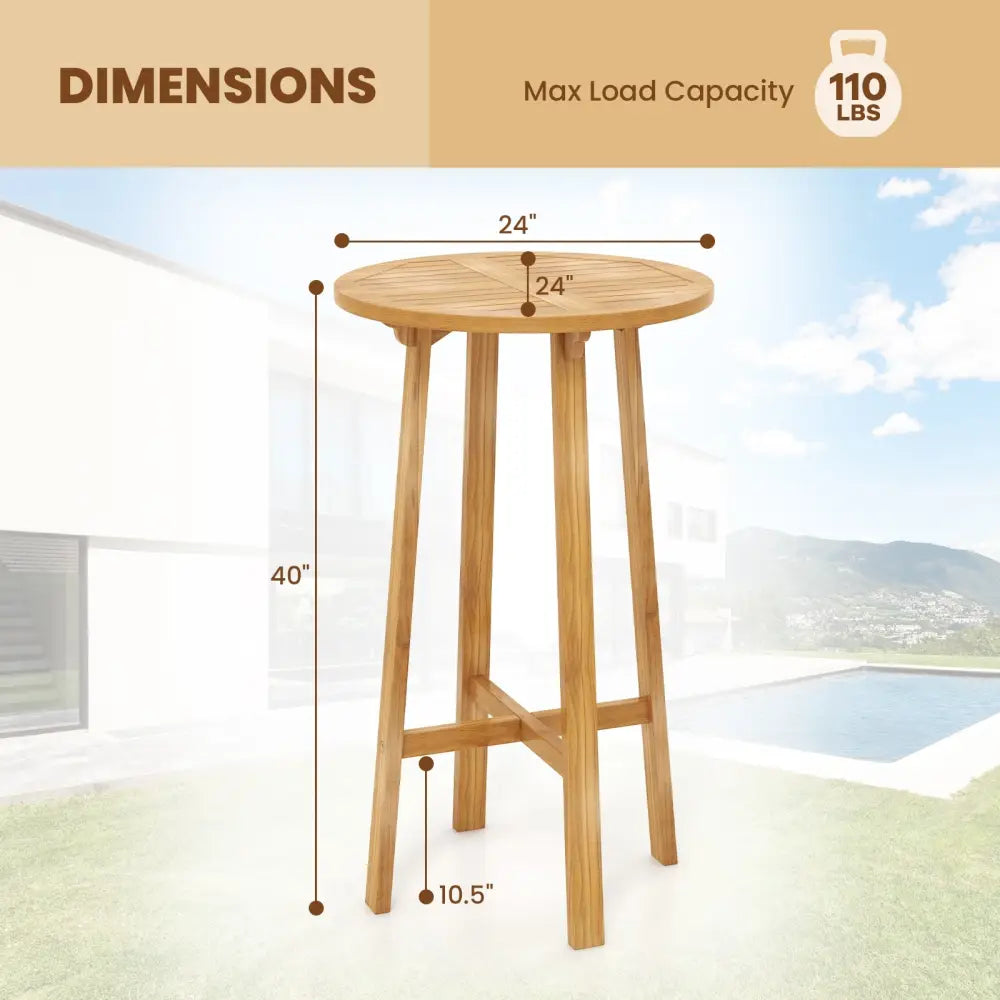24 Inch Teak Wood Round Bar Table with Footrest for Indoors Outdoors Costway