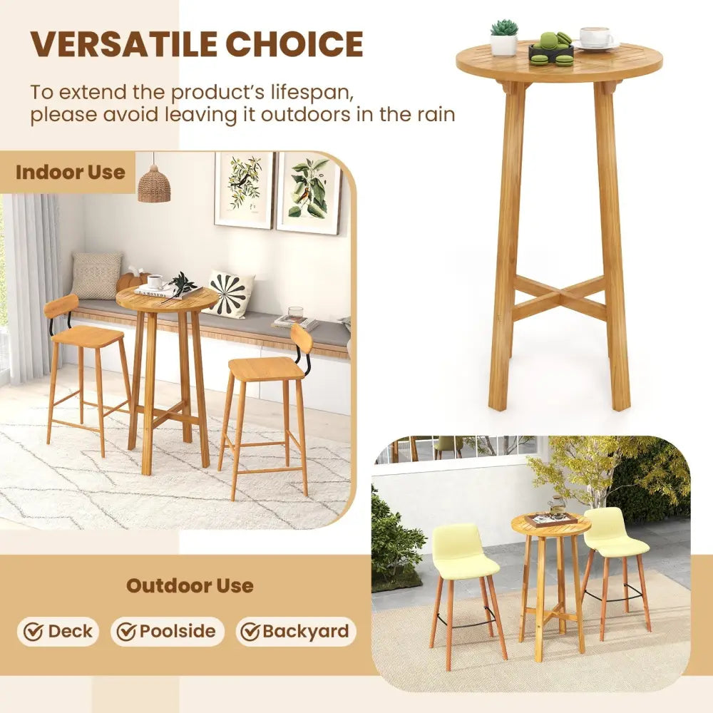 24 Inch Teak Wood Round Bar Table with Footrest for Indoors Outdoors Costway