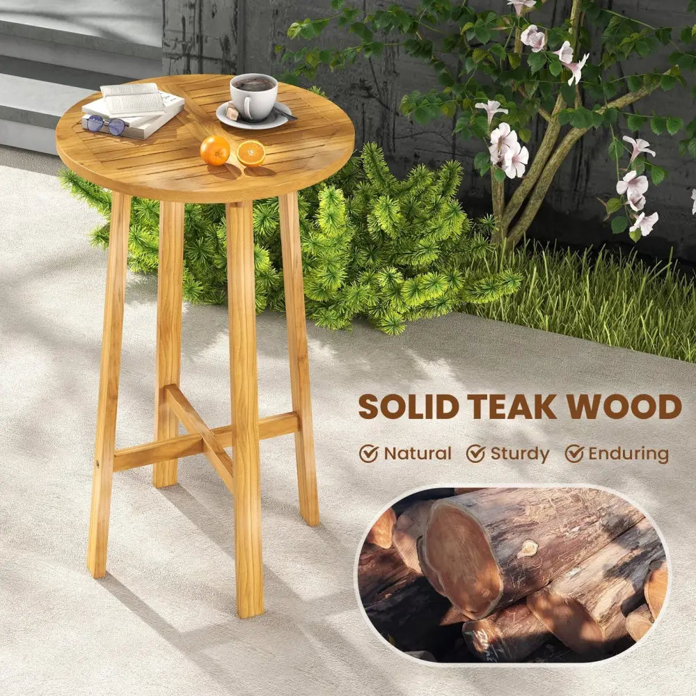 24 Inch Teak Wood Round Bar Table with Footrest for Indoors Outdoors Costway