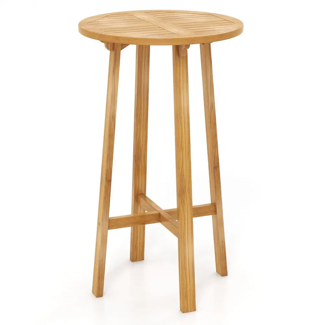 24 Inch Teak Wood Round Bar Table with Footrest for Indoors Outdoors Costway
