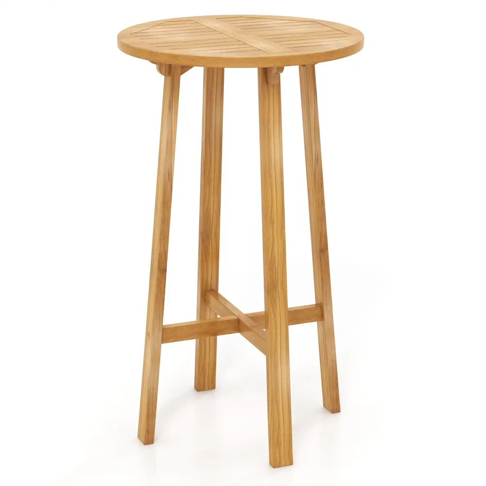 24 Inch Teak Wood Round Bar Table with Footrest for Indoors Outdoors Costway