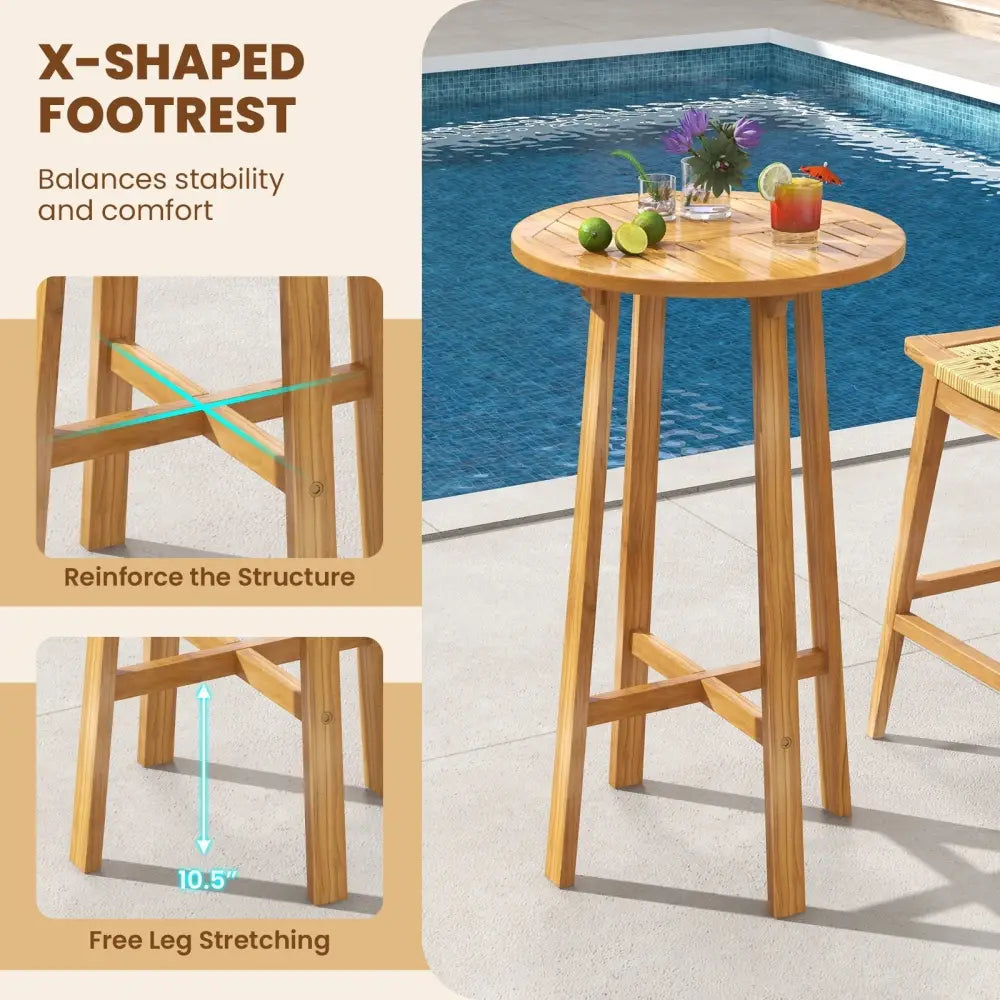 24 Inch Teak Wood Round Bar Table with Footrest for Indoors Outdoors Costway