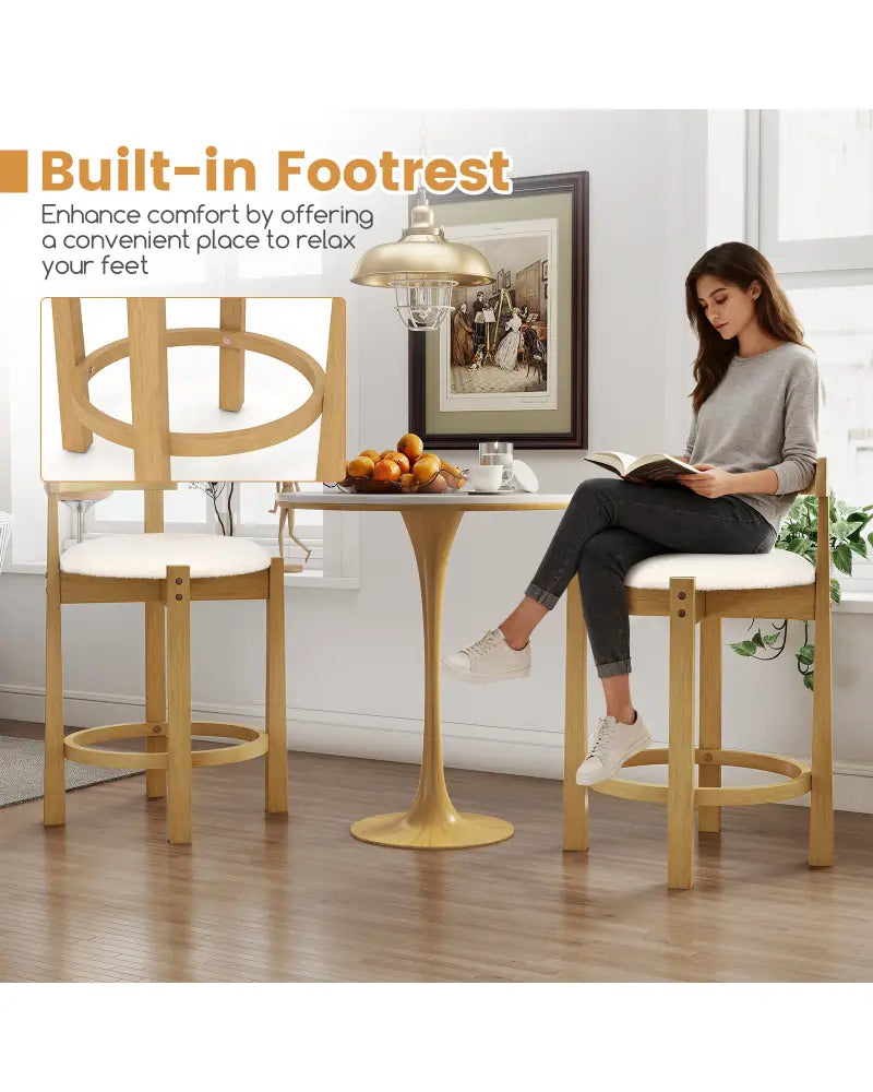 24 Inch Teddy Velvet Upholstered Counter Height Bar Stools with Backrests and Footrests-Set of 2 - White - Bar Stools