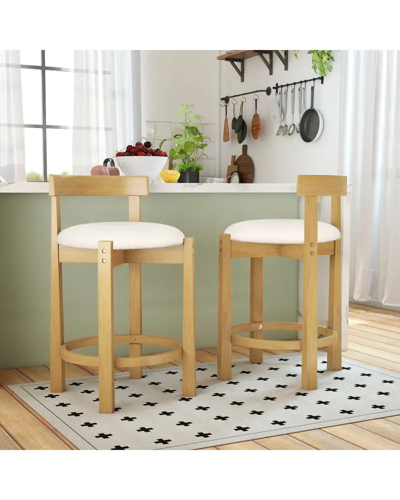 24 Inch Teddy Velvet Upholstered Counter Height Bar Stools with Backrests and Footrests-Set of 2 - White - Bar Stools