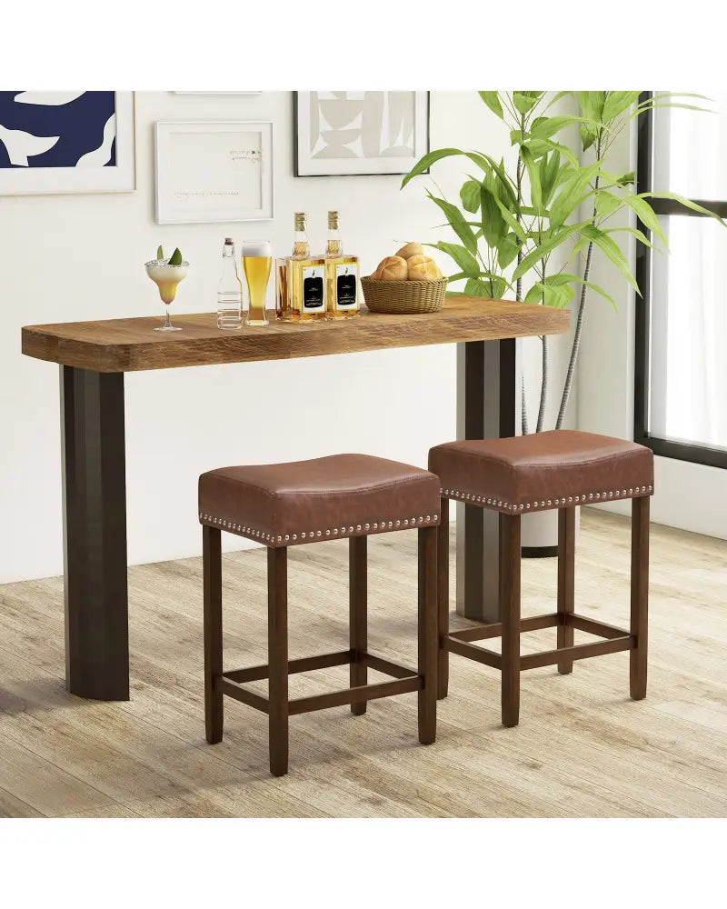 24 Inch Upholstered PU Leather Bar Stools Set of 2-Brown - Brown - Bar Stools