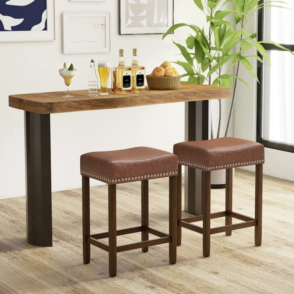 24 Inch Upholstered PU Leather Bar Stools Set of 2-Brown - Brown - Bar Stools