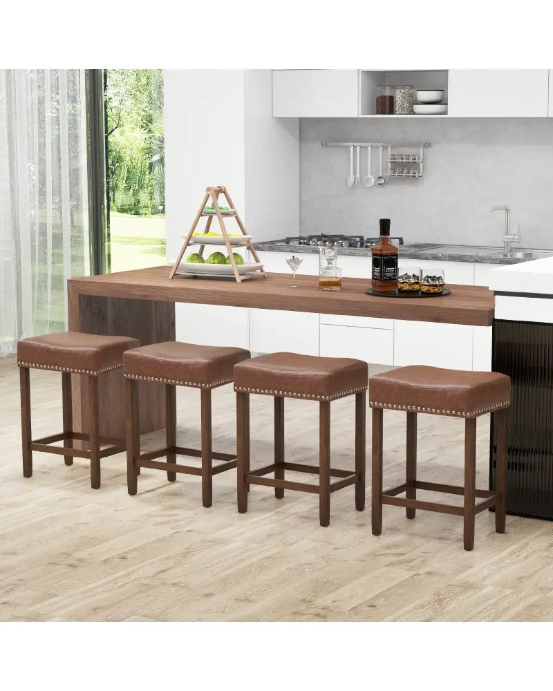 24 Inch Upholstered PU Leather Bar Stools Set of 2-Brown - Brown - Bar Stools