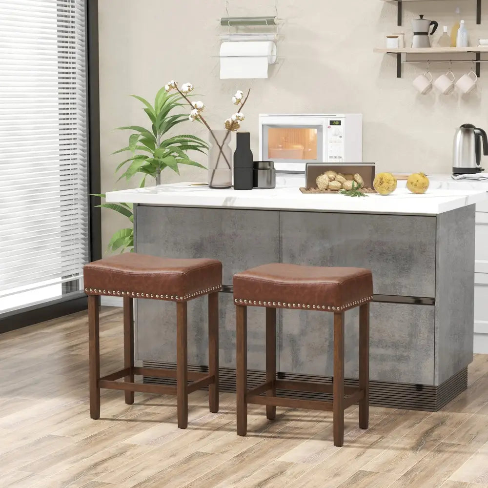 24 Inch Upholstered PU Leather Bar Stools Set of 2-Brown - Brown - Bar Stools