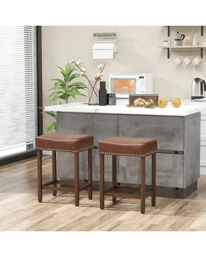 24 Inch Upholstered PU Leather Bar Stools Set of 2-Brown - Brown - Bar Stools