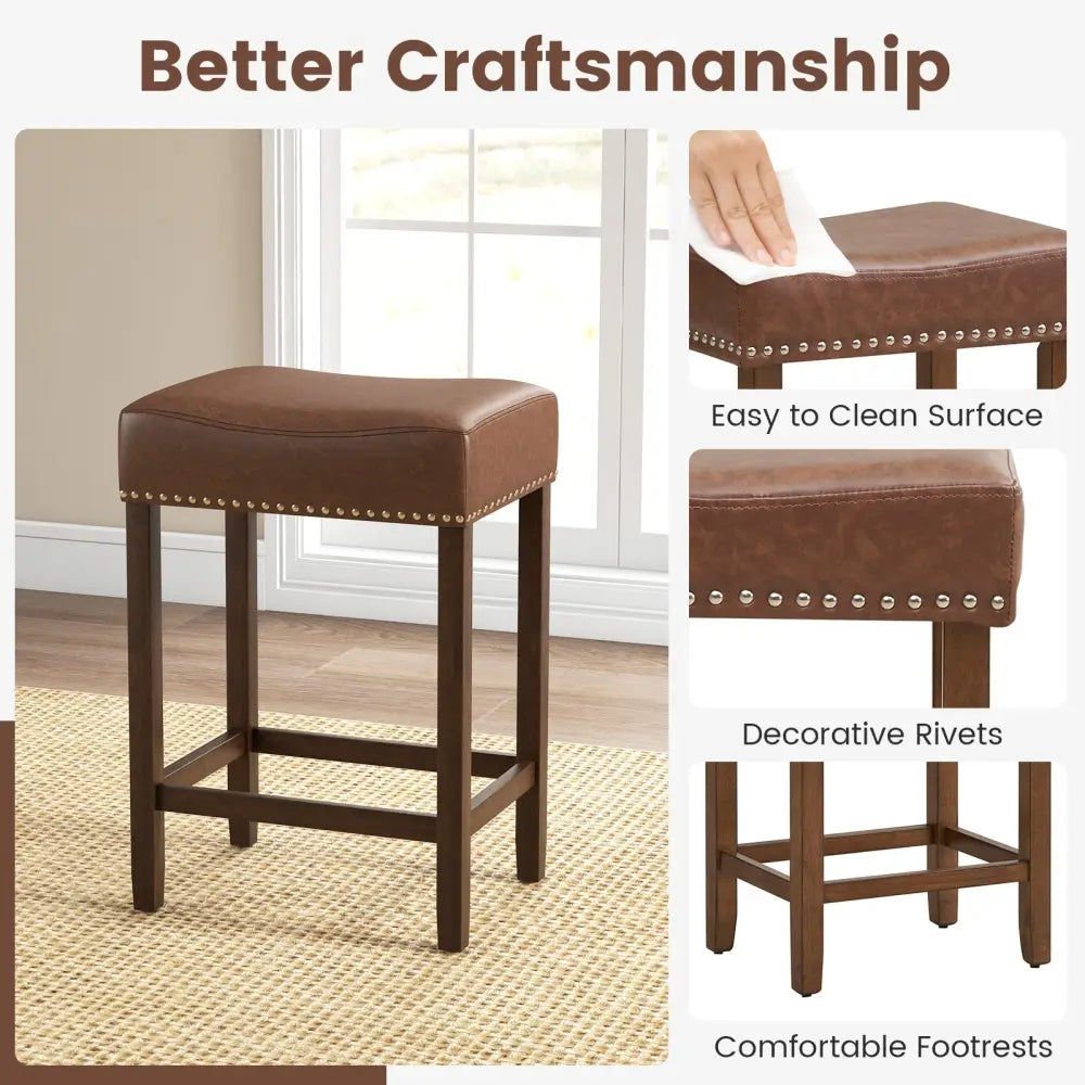 24 Inch Upholstered PU Leather Bar Stools Set of 2-Brown - Brown - Bar Stools