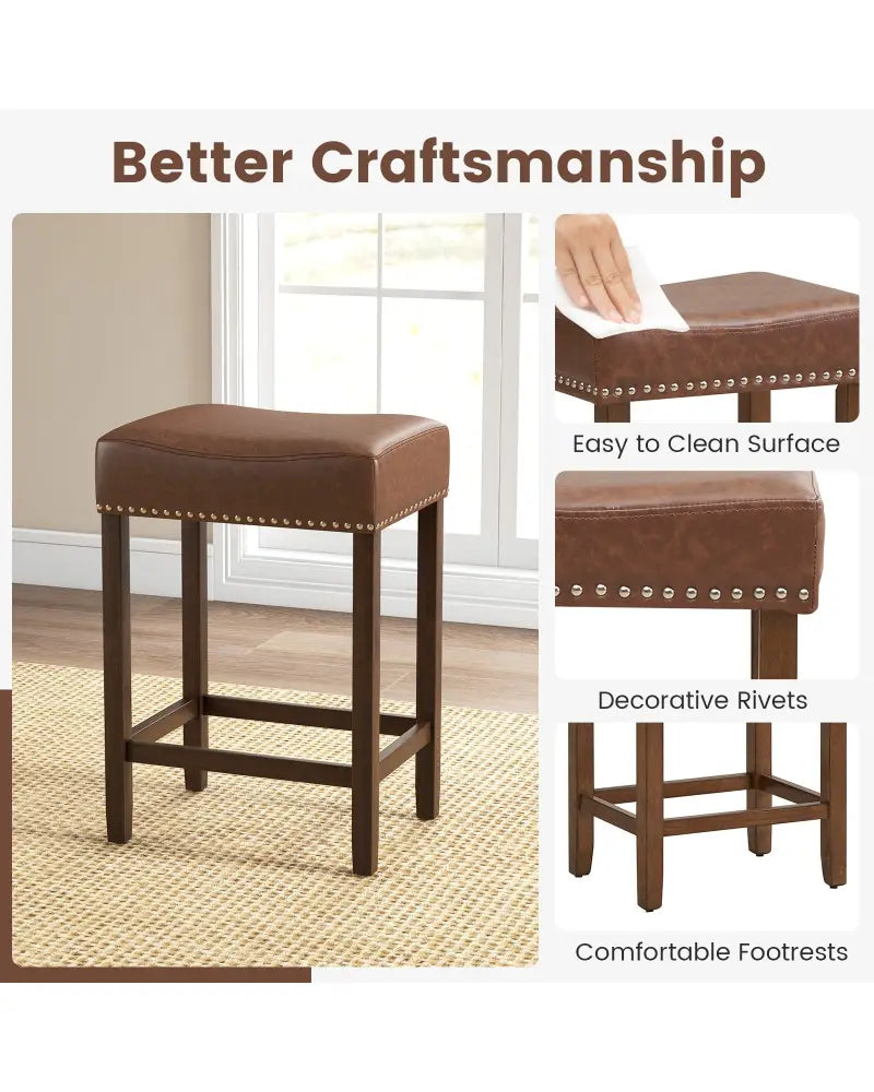 24 Inch Upholstered PU Leather Bar Stools Set of 2-Brown - Brown - Bar Stools