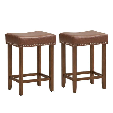 24 Inch Upholstered PU Leather Bar Stools Set of 2-Brown - Brown - Bar Stools