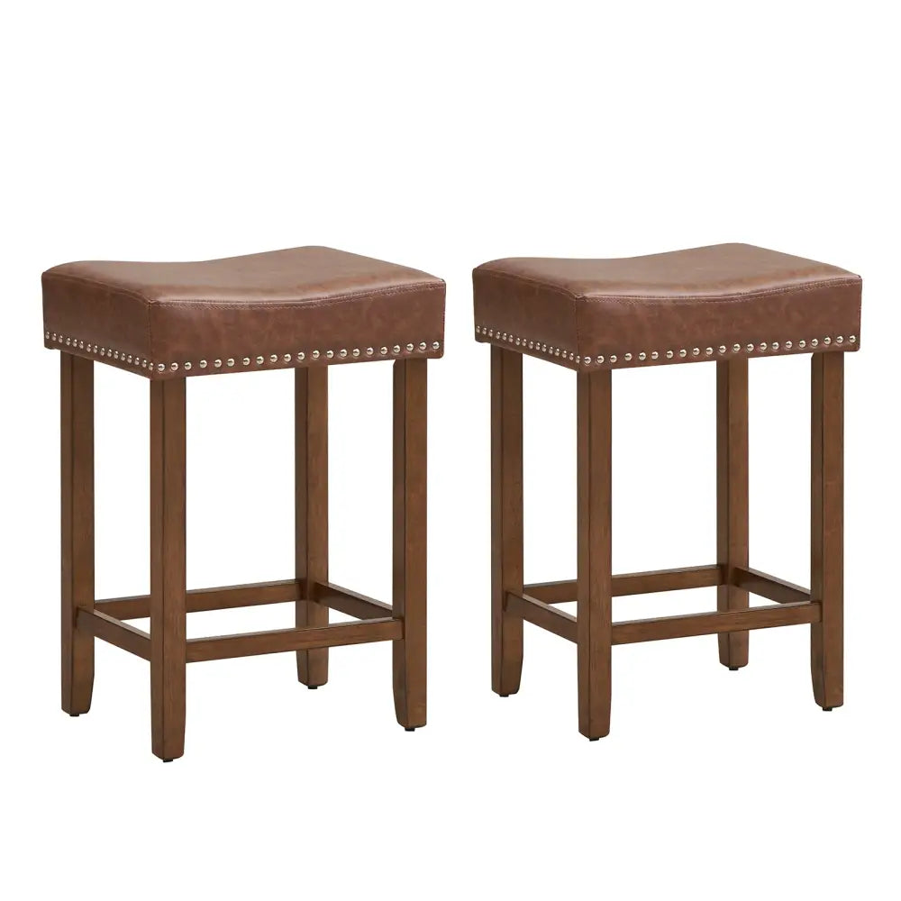 24 Inch Upholstered PU Leather Bar Stools Set of 2-Brown - Brown - Bar Stools