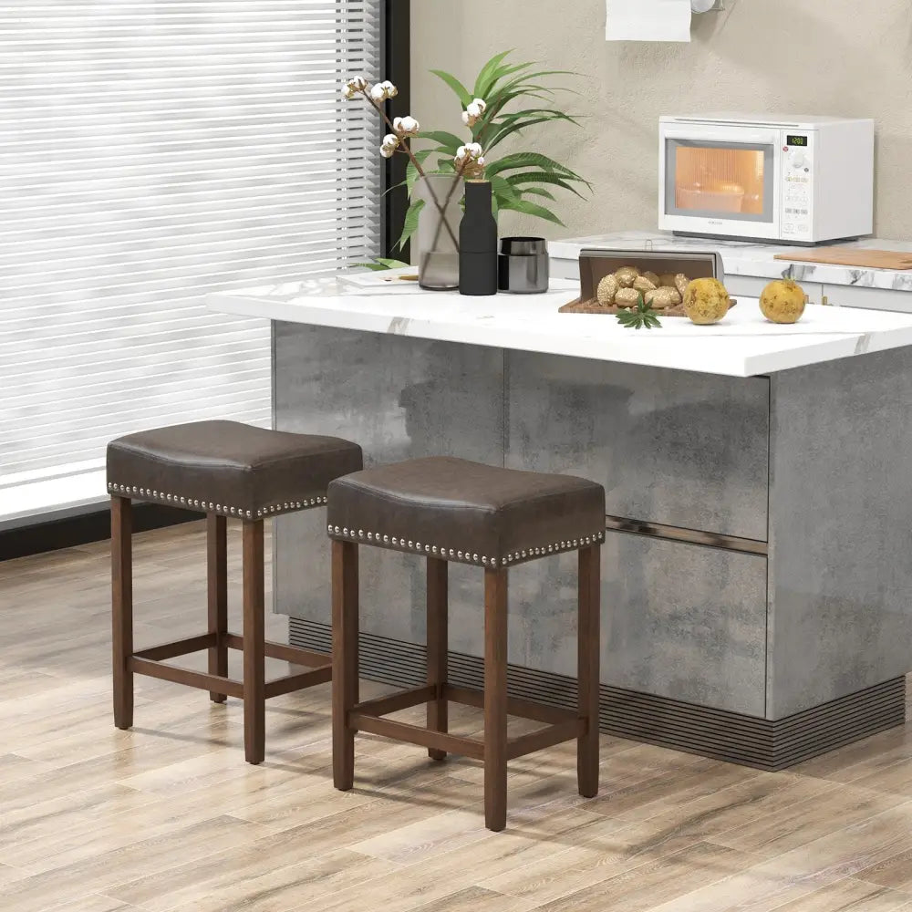 24 Inch Upholstered PU Leather Bar Stools Set of 2-Gray - Gray - Bar Stools