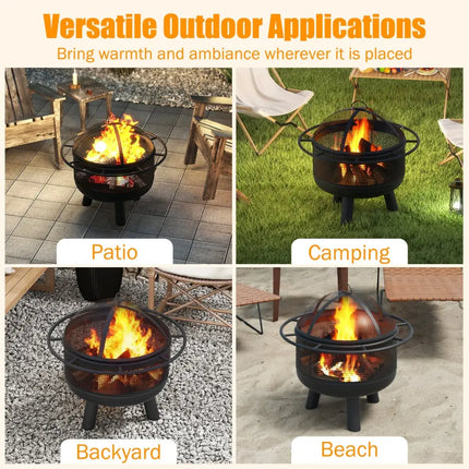 24 Inch Wood Burning Fire Pit with Log Grate and Mesh Screen for Outside - Black - Fire Pits