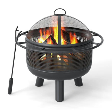 24 Inch Wood Burning Fire Pit with Log Grate and Mesh Screen for Outside - Black - Fire Pits