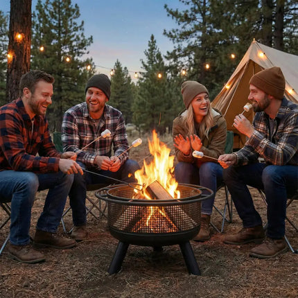 24 Inch Wood Burning Fire Pit with Log Grate and Mesh Screen for Outside - Black - Fire Pits
